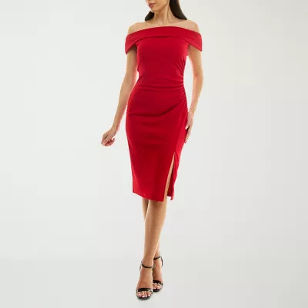 Premier Amour Womens Off The Shoulder Sleeveless Midi Sheath Dress