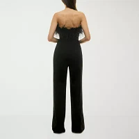 Premier Amour Faux Feather Trim Womens Sleeveless Jumpsuit