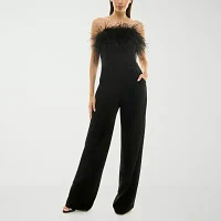 Premier Amour Faux Feather Trim Womens Sleeveless Jumpsuit