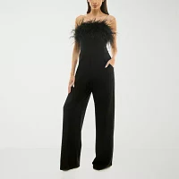 Premier Amour Faux Feather Trim Womens Sleeveless Jumpsuit