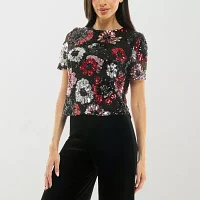 Premier Amour Sequin Womens Crew Neck Short Sleeve Blouse