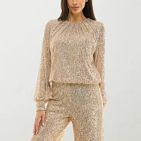 Premier Amour Sequin Womens Crew Neck Long Sleeve Blouse