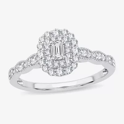 Womens 1/2 CT. T.W. Natural White Diamond 10K Gold Oval Side Stone Halo Engagement Ring
