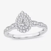 Womens 1/2 CT. T.W. Natural White Diamond 10K Gold Pear Side Stone Halo Engagement Ring