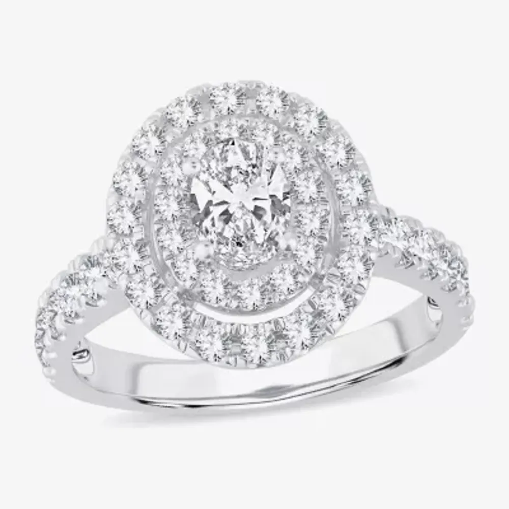 (H-I / Si1-Si2) Womens 1 1/2 CT. T.W. Lab Grown White Diamond 10K Gold Oval Side Stone Halo Engagement Ring