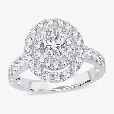 H-I / Si1-Si2) Womens 1 1/ CT. T.W. Lab Grown White Diamond 10K Gold Oval Side Stone Halo Engagement Ring