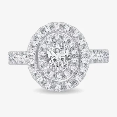 (H-I / Si1-Si2) Womens 1 1/2 CT. T.W. Lab Grown White Diamond 10K Gold Oval Side Stone Halo Engagement Ring