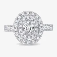 (H-I / Si1-Si2) Womens 1 1/2 CT. T.W. Lab Grown White Diamond 10K Gold Oval Side Stone Halo Engagement Ring