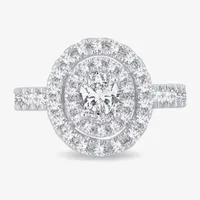 H-I / Si1-Si2) Womens 1 1/ CT. T.W. Lab Grown White Diamond 10K Gold Oval Side Stone Halo Engagement Ring