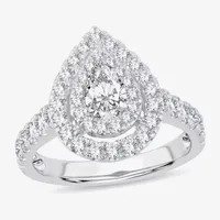 (H-I / Si1-Si2) Womens 1 1/2 CT. T.W. Lab Grown White Diamond 10K Gold Pear Side Stone Halo Engagement Ring