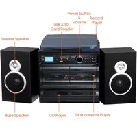 Trexonic 3-Speed Turntable With CD Player, Dual Cassette Player, Bluetooth, FM Radio & USB/SD Recording and Wired Shelf Speakers