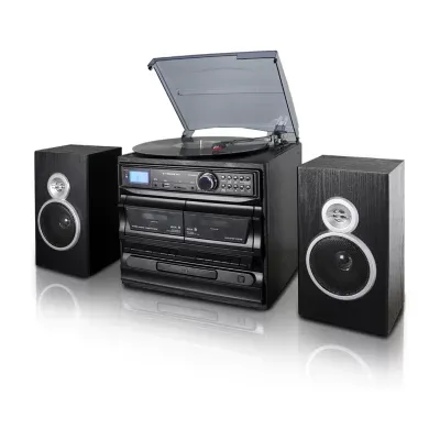 Trexonic 3-Speed Turntable With CD Player, Dual Cassette Player, Bluetooth, FM Radio & USB/SD Recording and Wired Shelf Speakers