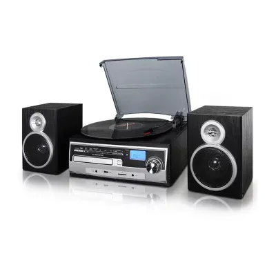 Trexonic 3-Speed Turntable With CD Player, FM Radio, Bluetooth, USB/SD Recording and Wired Shelf Speakers