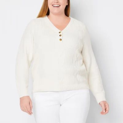 St. John's Bay Plus Womens Henley Neck Long Sleeve Cable Knit Pullover Sweater