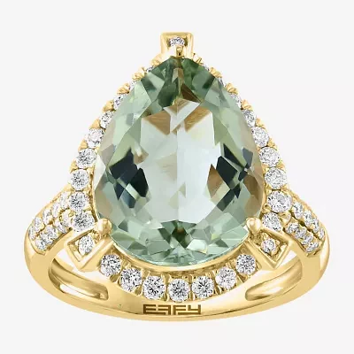 Effy Final Call Womens Genuine Green Amethyst & 5/8 CT. T.W. Natural Diamond 14K Gold Pear Halo Side Stone Cocktail Ring