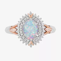 Enchanted Disney Fine Jewelry 10th Anniversary Womens 1/5 CT. Lab Created White Opal 14K Rose Gold Over Silver Sterling Oval Elsa Frozen Halo Cocktail Ring