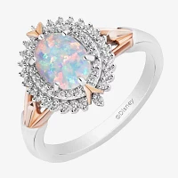 Enchanted Disney Fine Jewelry 10th Anniversary Womens 1/5 CT. Lab Created White Opal 14K Rose Gold Over Silver Sterling Oval Elsa Frozen Halo Cocktail Ring