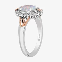 Enchanted Disney Fine Jewelry 10th Anniversary Womens 1/5 CT. Lab Created White Opal 14K Rose Gold Over Silver Sterling Oval Elsa Frozen Halo Cocktail Ring