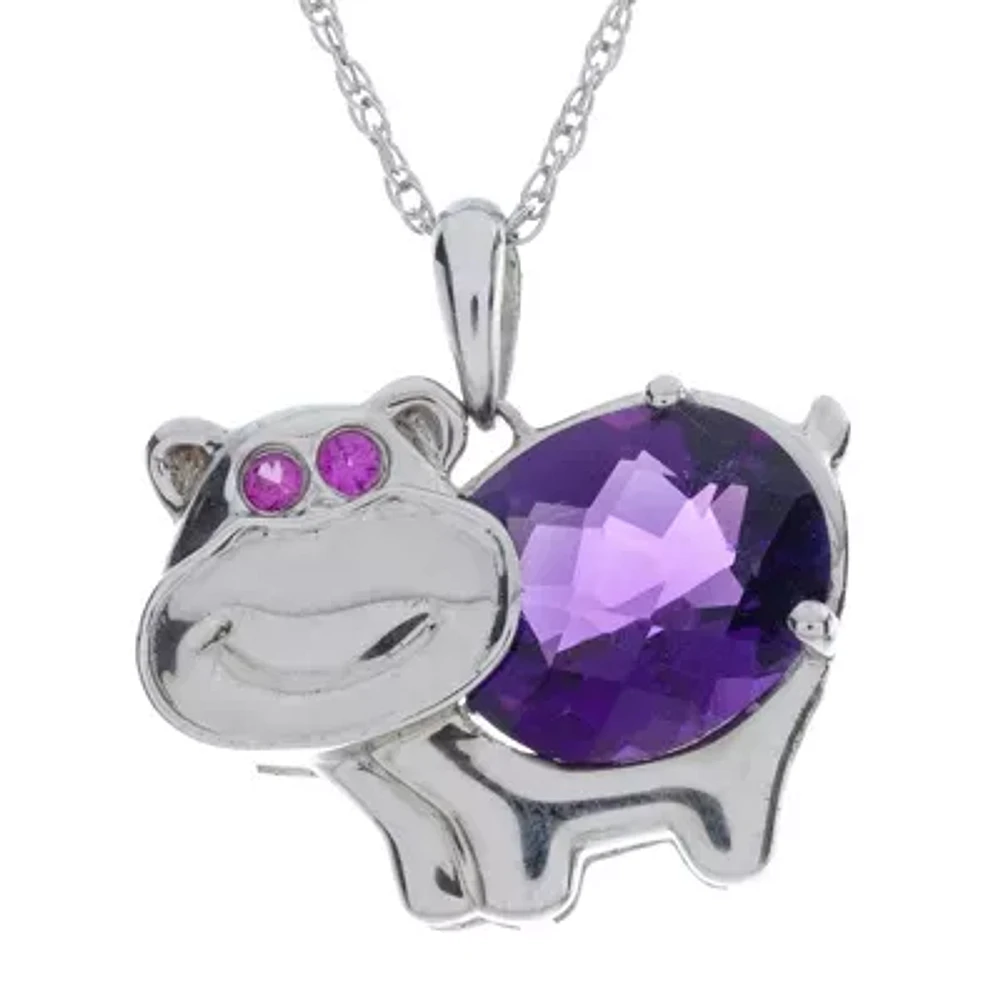 Lab-Created Amethyst and Ruby Hippo Sterling Silver Pendant Necklace