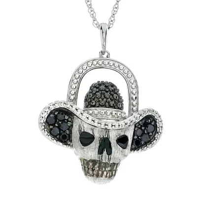 Genuine Black Spinal Skull and Hat Sterling Silver Pendant Necklace