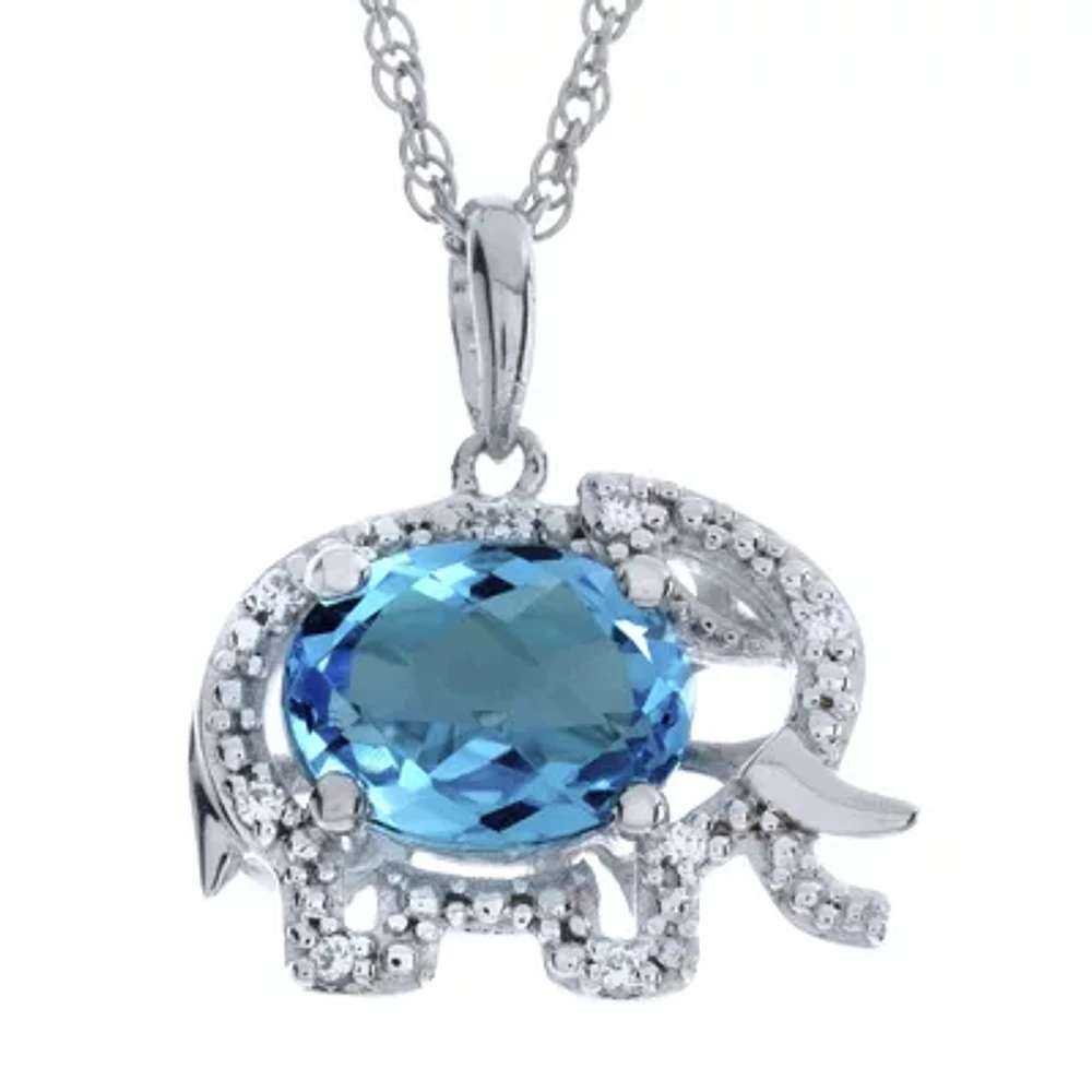 Simulated Blue Topaz Elephant Sterling Silver Pendant Necklace