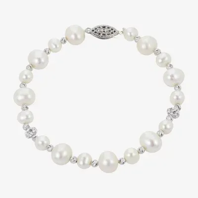 White Cultured Freshwater Pearl Sterling Silver Beaded Bracelet