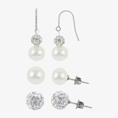 White Cultured Freshwater Pearl Sterling Silver 3 Pair Earring Set