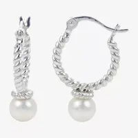 White Cultured Freshwater Pearl Sterling Silver 20mm Hoop Earrings