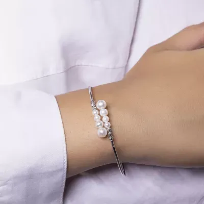 White Cultured Freshwater Pearl Sterling Silver Bangle Bracelet