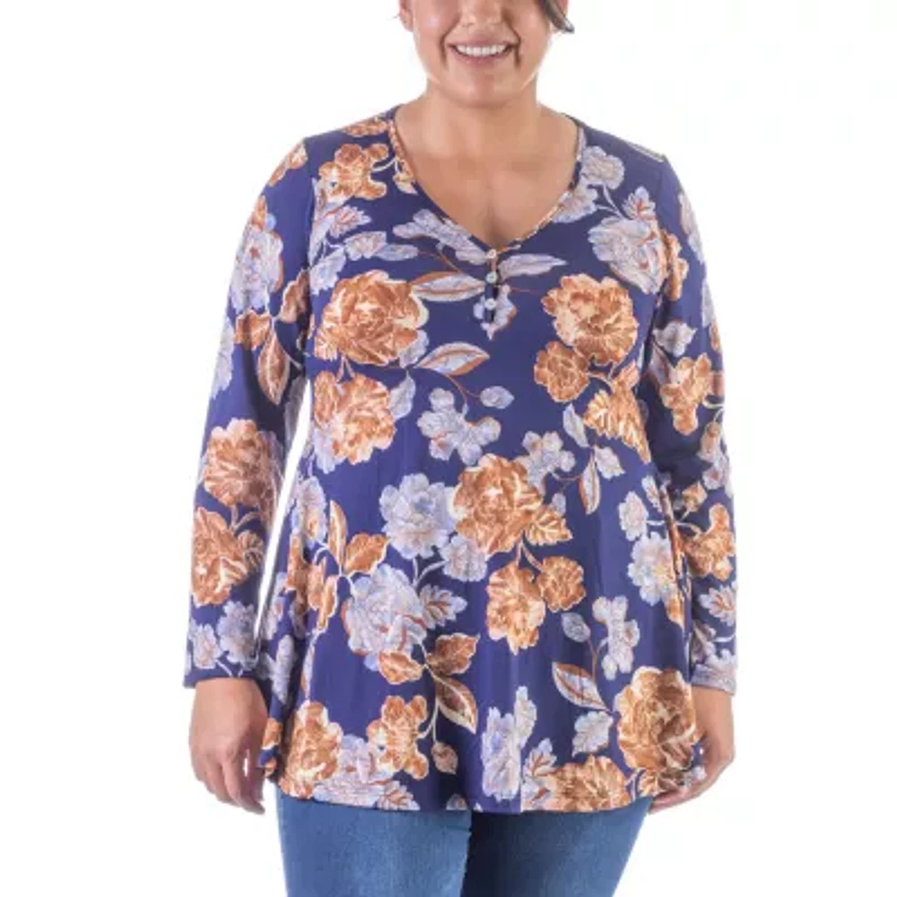 24seven Comfort Apparel Plus Womens V Neck Long Sleeve Tunic Top