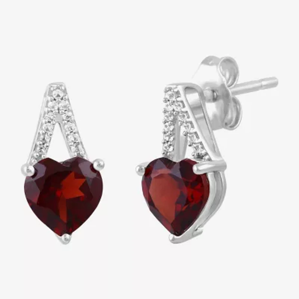 Genuine Red Garnet Sterling Silver 17.7mm Heart Stud Earrings