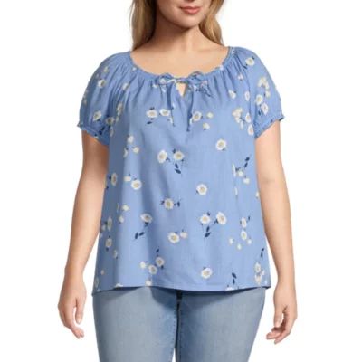 St. John's Bay Plus Womens Split Tie Neck Short Sleeve Blouse