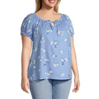 St. John's Bay Plus Womens Split Tie Neck Short Sleeve Blouse