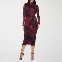 Premier Amour Womens Mesh Long Sleeve Midi Sheath Dress