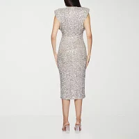 Premier Amour Womens Sleeveless Sequin Midi Sheath Dress