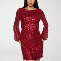 Premier Amour Womens Long Sleeve Sequin Shift Dress