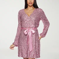 Premier Amour Womens Long Sleeve Sequin Wrap Dress