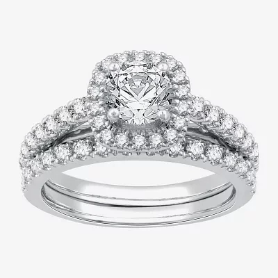 I Said Yes (G / Si1-Si2) Womens 1 1/2 CT. T.W. Lab Grown White Diamond Sterling Silver Cushion Side Stone Halo Bridal Set