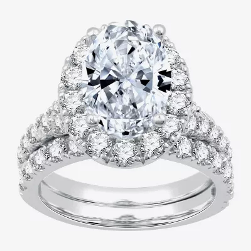 G / Si1-Si2) Womens / CT. T.W. Lab Grown White Diamond 14K White Gold Oval Side Stone Halo Bridal Set