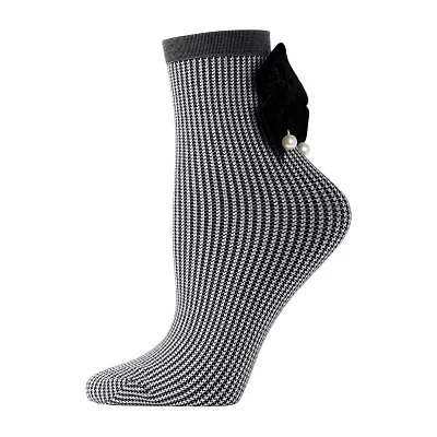 MeMoi Pearl Bow Houndstooth 1 Pair Quarter Ankle Socks Womens