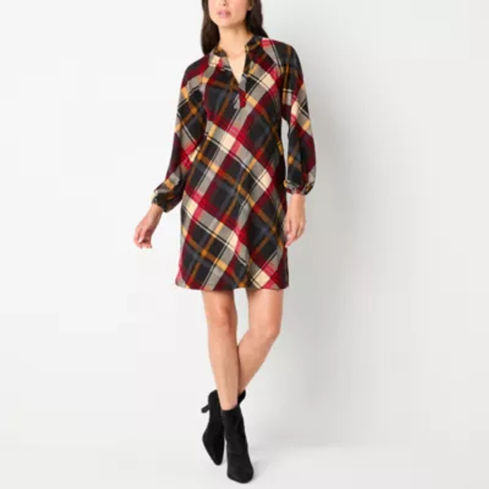 Jessica Howard Womens Long Sleeve Plaid Shift Dress