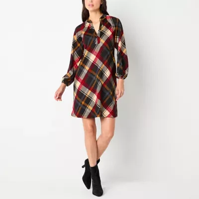 Jessica Howard Womens Long Sleeve Plaid Shift Dress