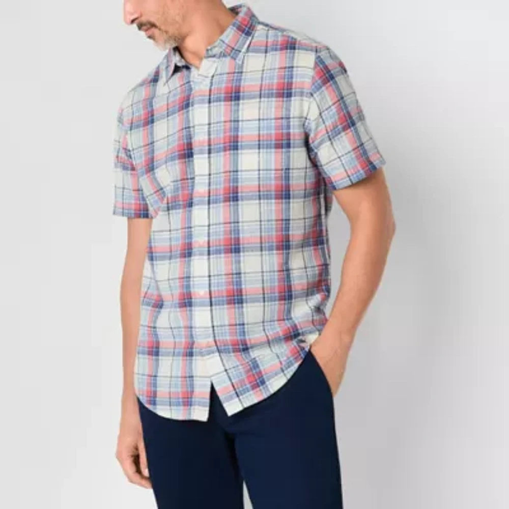 St. John's Bay Linen Blend Mens Classic Fit Short Sleeve Button-Down Shirt