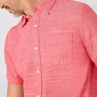St. John's Bay Linen Blend Mens Classic Fit Short Sleeve Button-Down Shirt