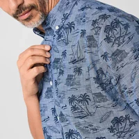 St. John's Bay Printed Chambray Mens Classic Fit Short Sleeve Button-Down Shirt