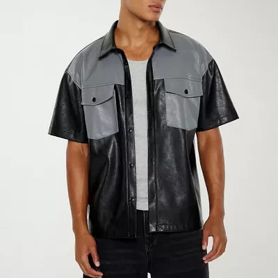 Forever 21 Mens Short Sleeve Faux Leather Button-Down Shirt