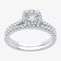 I Said Yes (H-I / I1) Womens 1 CT. T.W. Lab Grown White Diamond Sterling Silver Cushion Side Stone Halo Bridal Set