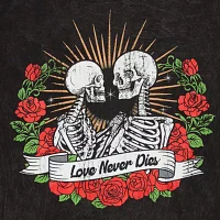 Juniors Skeletons Love Never Dies Boyfriend Tee Womens Crew Neck Short Sleeve Graphic T-Shirt