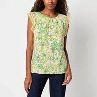 Liz Claiborne Womens Round Neck Sleeveless Lace Blouse