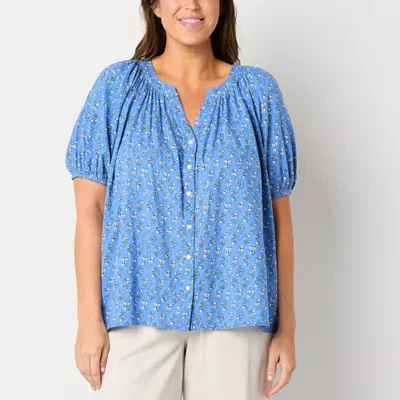 St. John's Bay Plus Womens Split Crew Neck Short Sleeve Blouse